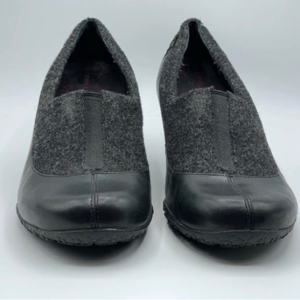 Merrell Tulip Wool Leather Charcoal Gray Wedge Heels Black Slip On Shoes 9.5